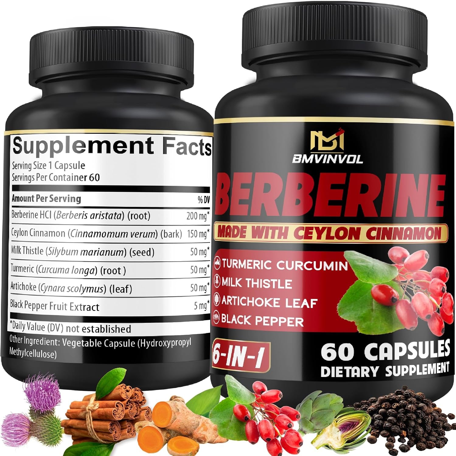 Berberine Supplement with Ceylon Cinnamon, Turmeric, Artichoke, Milk Thistle - Berberine Hcl Supplement Pills - 60 Capsules [2-Month Supply]