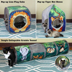 Safari Jungle Cat Play Set, Collapsible Pop-Up Cat Toys Combo with Cube, Tunnel & Hideout, Interactive Indoor Kitty Playhouse for Exercise, Hiding & Lounging