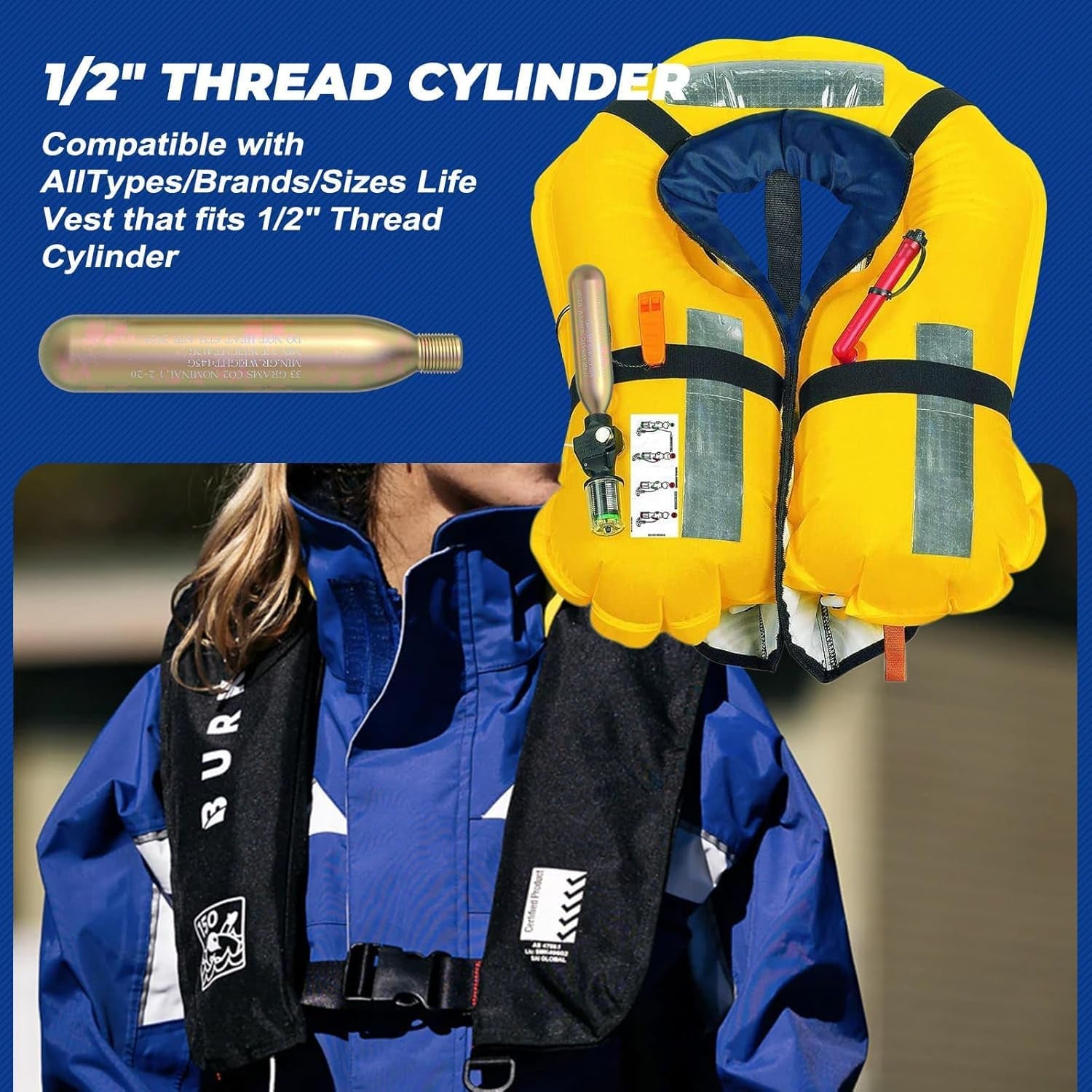 33G Co2 Cartridge Cylinder for Life Vest, Accessory for C02 PFD Rearming Kit, for Auto/Manual Inflating Life Jacket, for Adult, Used for Fishing, Surfing, Sea/Ocean Activities