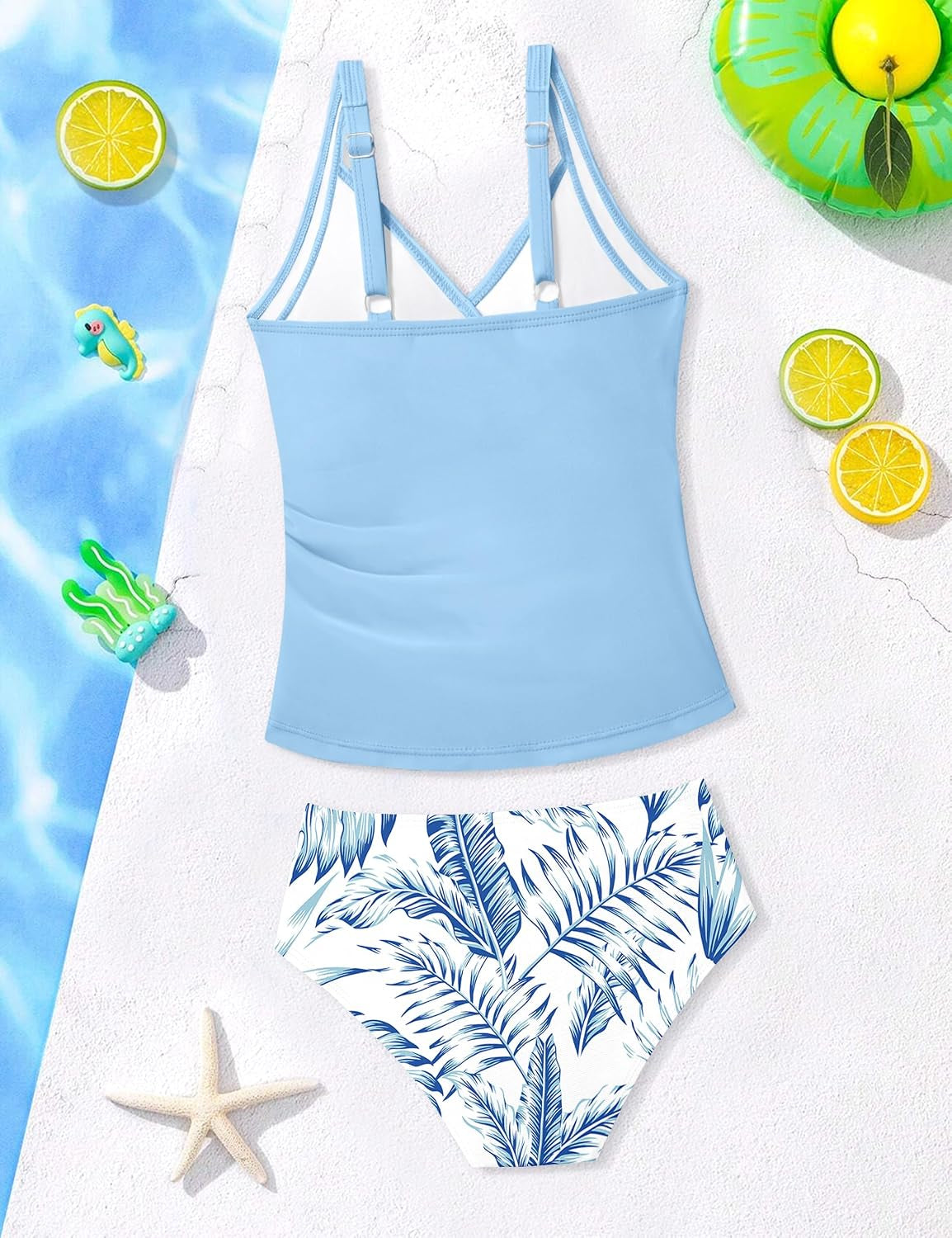 Girls Tankini Swimsuit Twist V Neck Bathing Suit Ruched Girls Swimsuit Two Piece Printed Girls' Swimwear 9-16 Years