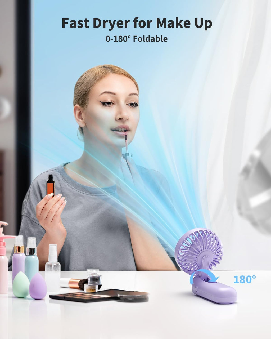 Handheld Fan, Foldable Portable Fan with LED Display, 3000Mah Battery Operated Mini Hand Held Fan, Handheld/Neck/Desk 3 in 1 Personal Small Fan for Eyelash Makeup Travel Beach Outdoor Purple