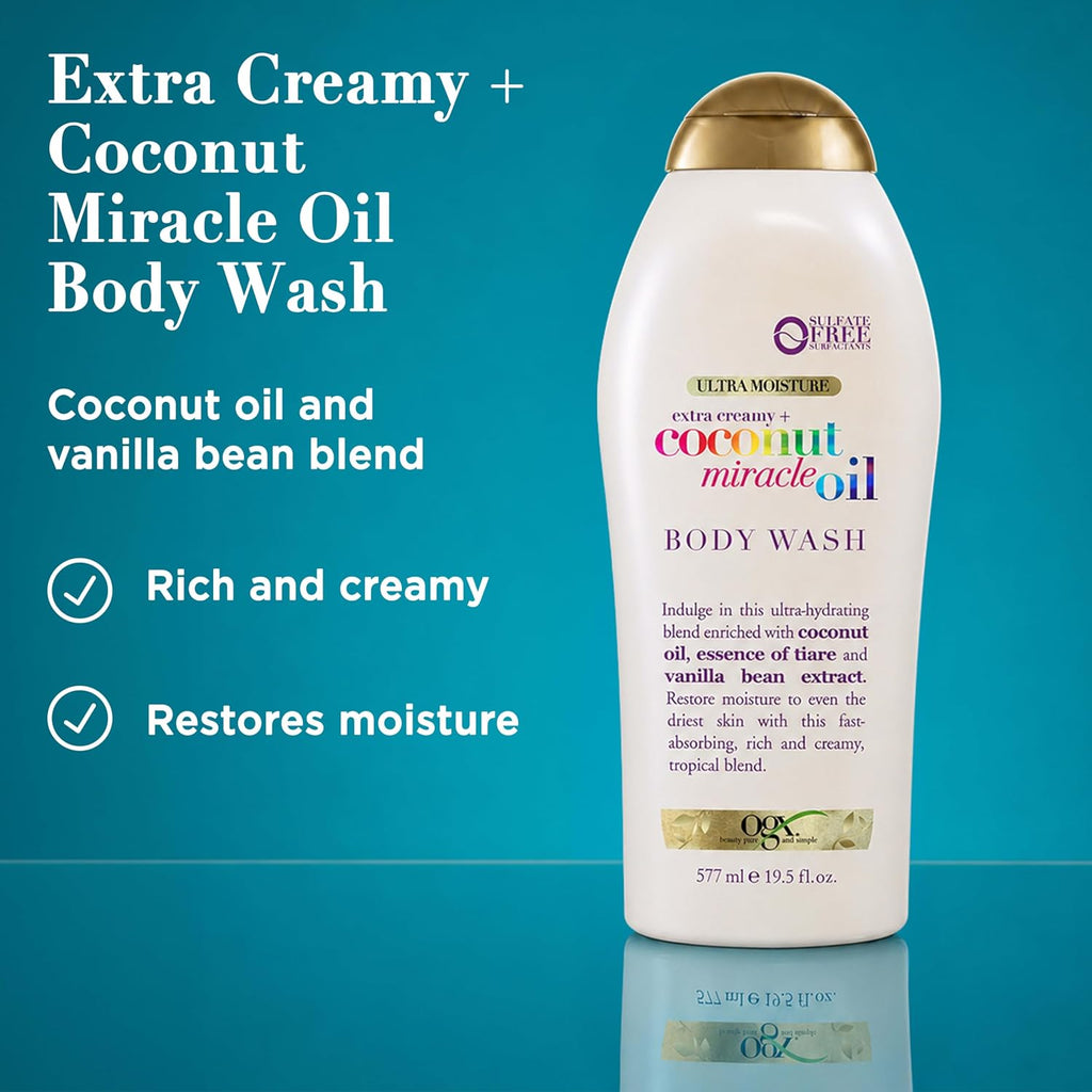 OGX Extra Creamy + Coconut Miracle Oil Ultra Moisture Body Wash, Rich Shower Gel for Dry Skin Infused with Coconut Oil, Body Wash for Women, Sulfate-Free Surfactants, 19.5 Fl. Oz