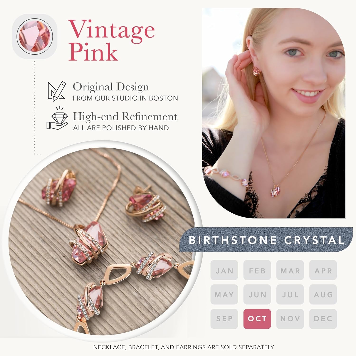 Wish Stone Pendant Necklace with Birthstone Crystal, 18K Rose Gold Plated/Silvertone, 18" + 2"