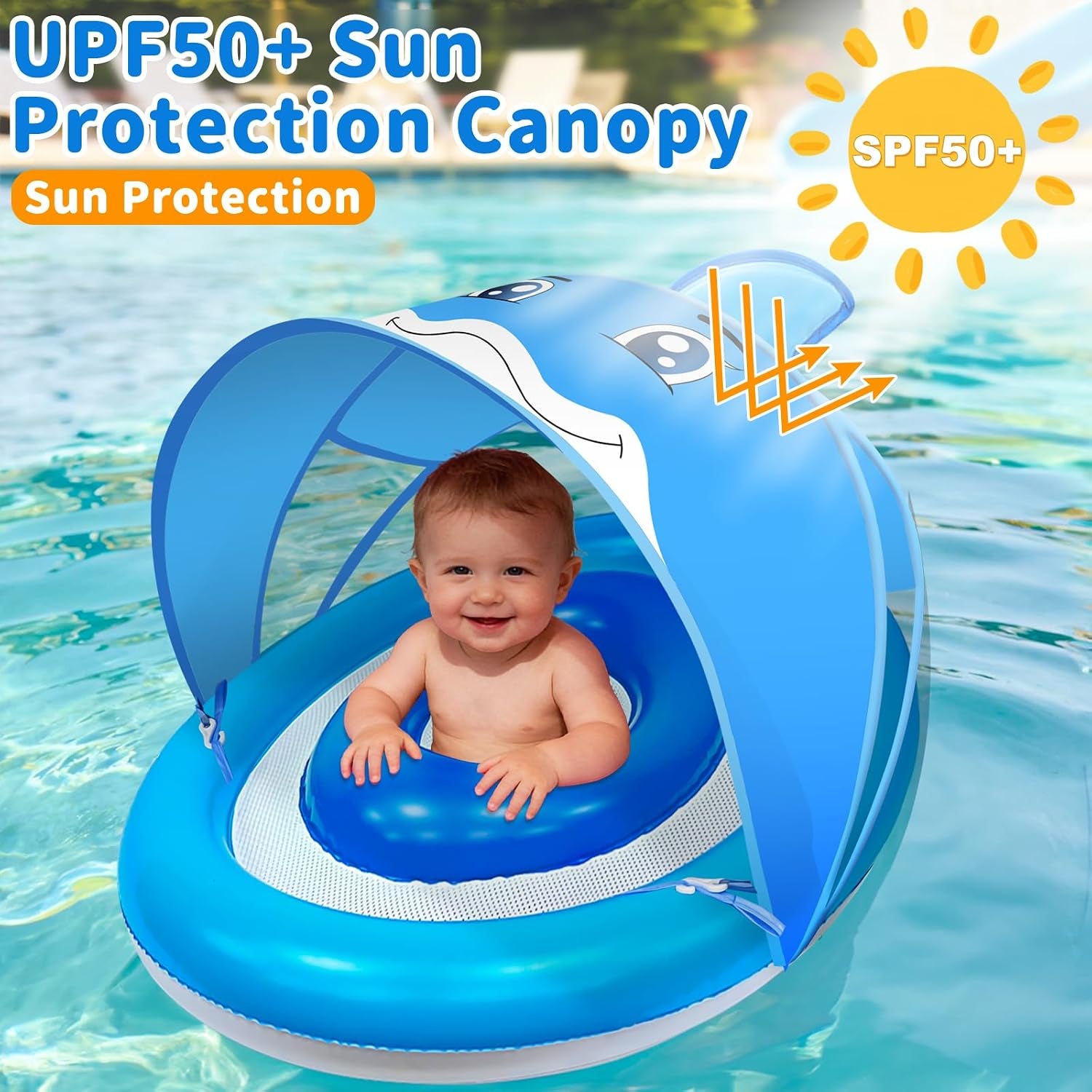 Baby Pool Float with Canopy UPF50+ for Age 6-36 Months 4 Stage Adjustable Canopy and Anti-Tip Safety Seat Dual Air Chambers Inflatable Toddler Floaties Infant Pool Float, Baby Beach Essentials