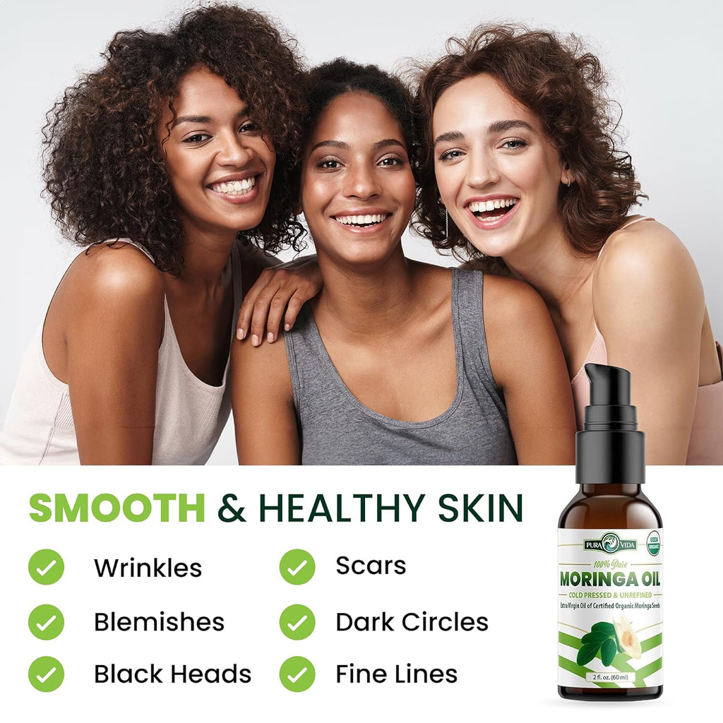 USDA Organic Moringa Seed Oil: 100% Pure, Cold Pressed, Unrefined Moringa Oleifera Seed Oil. 2 Oz Bottle with Treatment Pump. for Skin and Hair - Food Grade for Oral Consumption