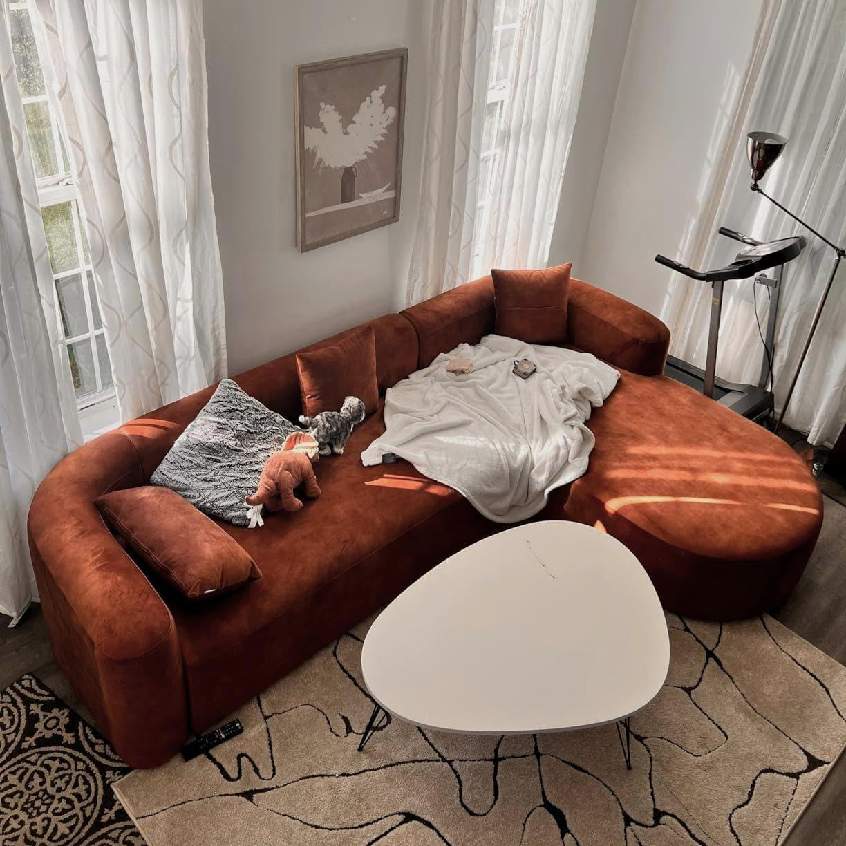 Luxury Modern Tight Curved Back Velvet Sofa, Minimalist Style Comfy Couch for Living Room Apartment, L-Shape Right Chaise, Tangerine