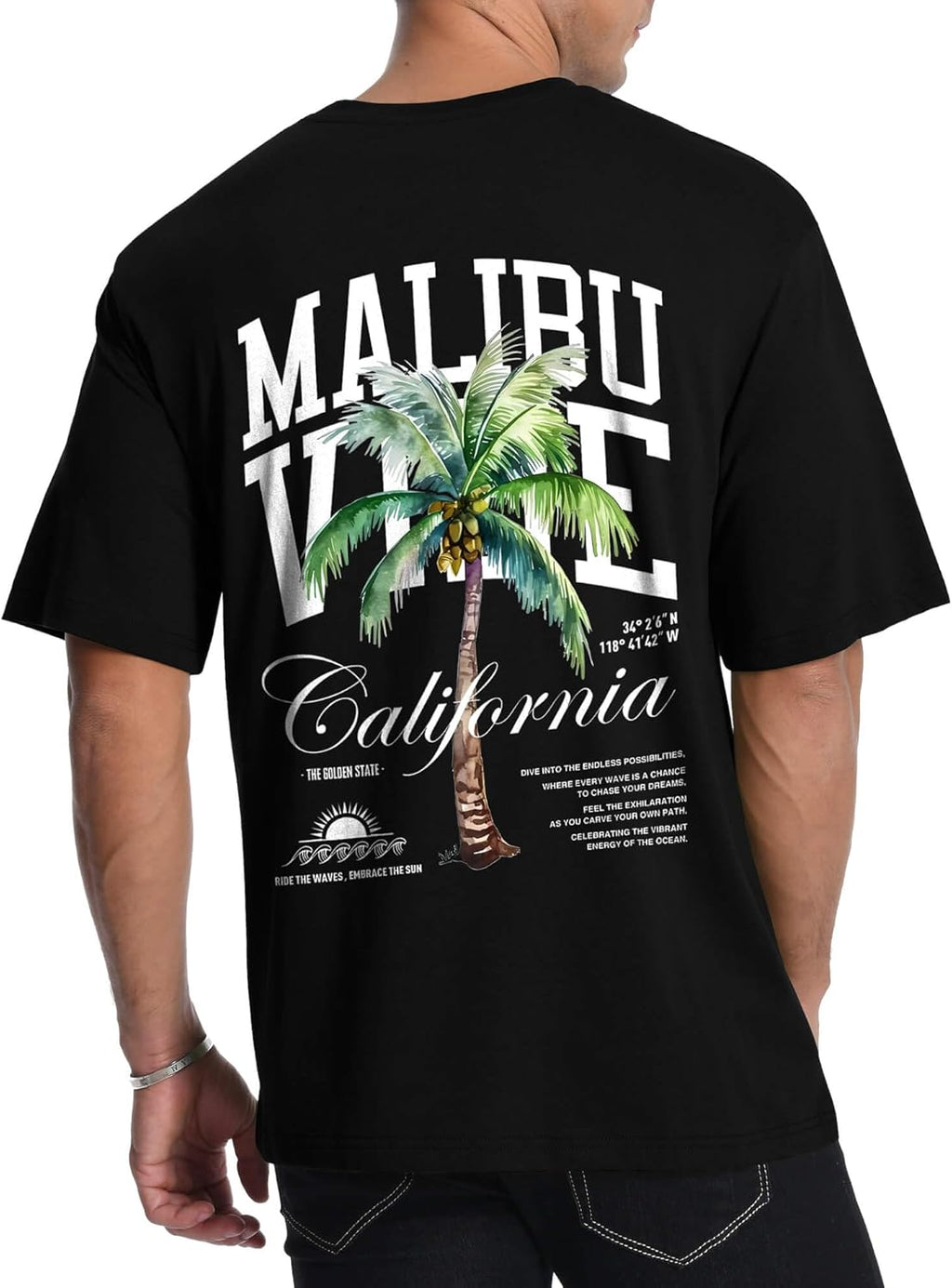 Mens Malibu Vibe Palm Tree California Casual Short Sleeve T-Shirt | Perfect for Surf Travel Great for Beach Lovers West Coast Fans.