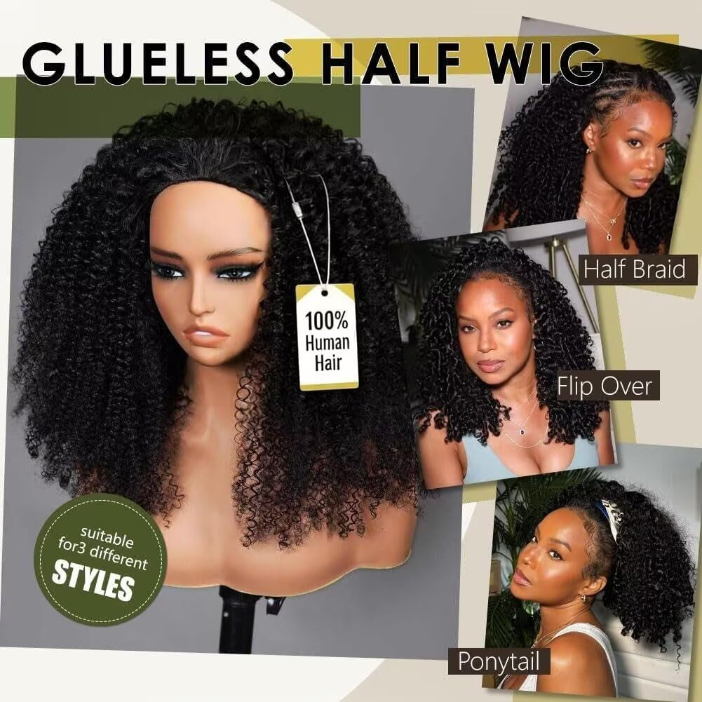 Half Wig Human Hair 3 in 1 Seamless Flip over Half Wigs with Drawstring Half Wigs for Women Human Hair Glueless Wear and Go Half up Half down Headband Wig Human Hair(18 Inch,Natural Black)