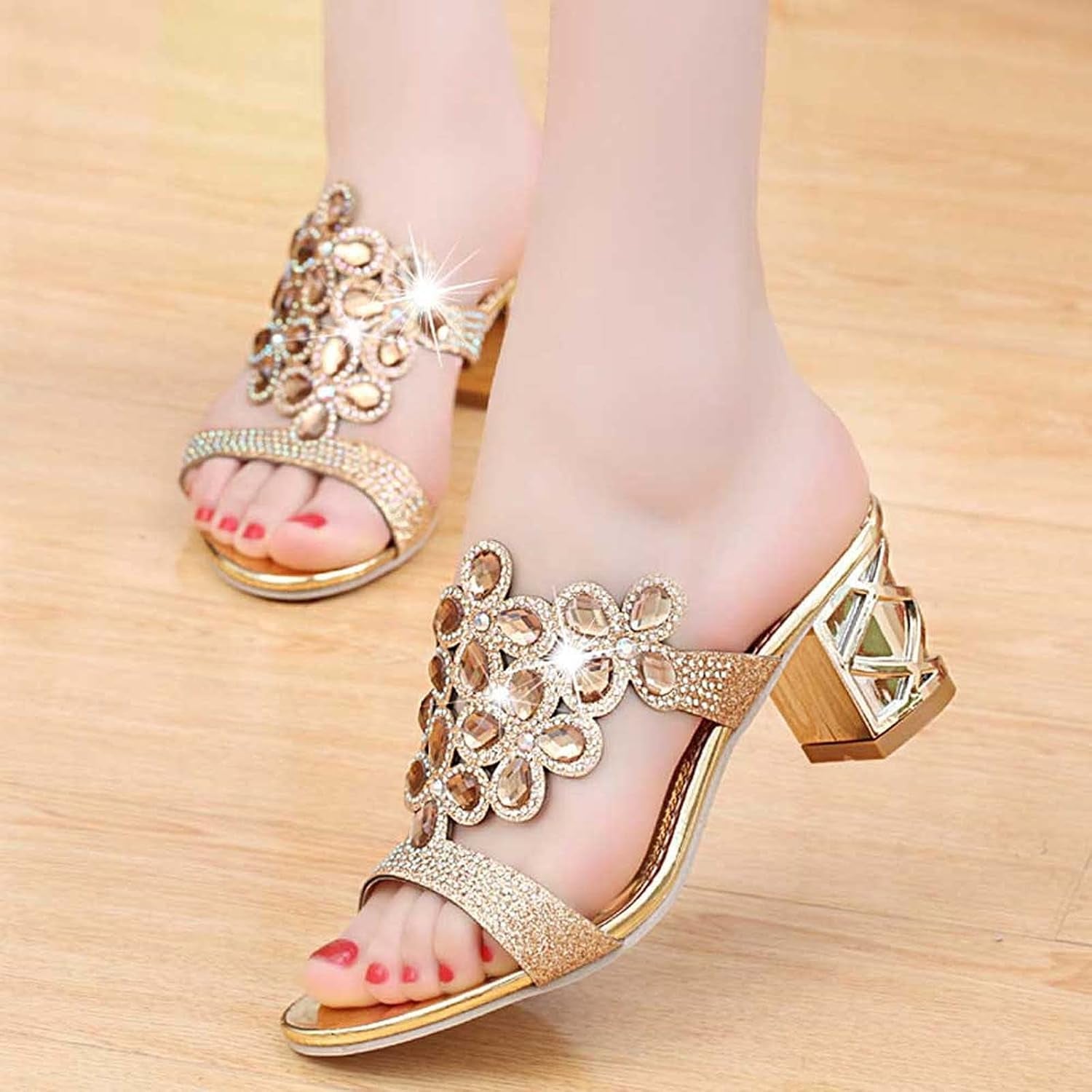 Sparkly Rhinestone Sandals for Women,Fashion Flip Flops Open Toe High Heel Pump Sandals,Casual Block Heel Sandal