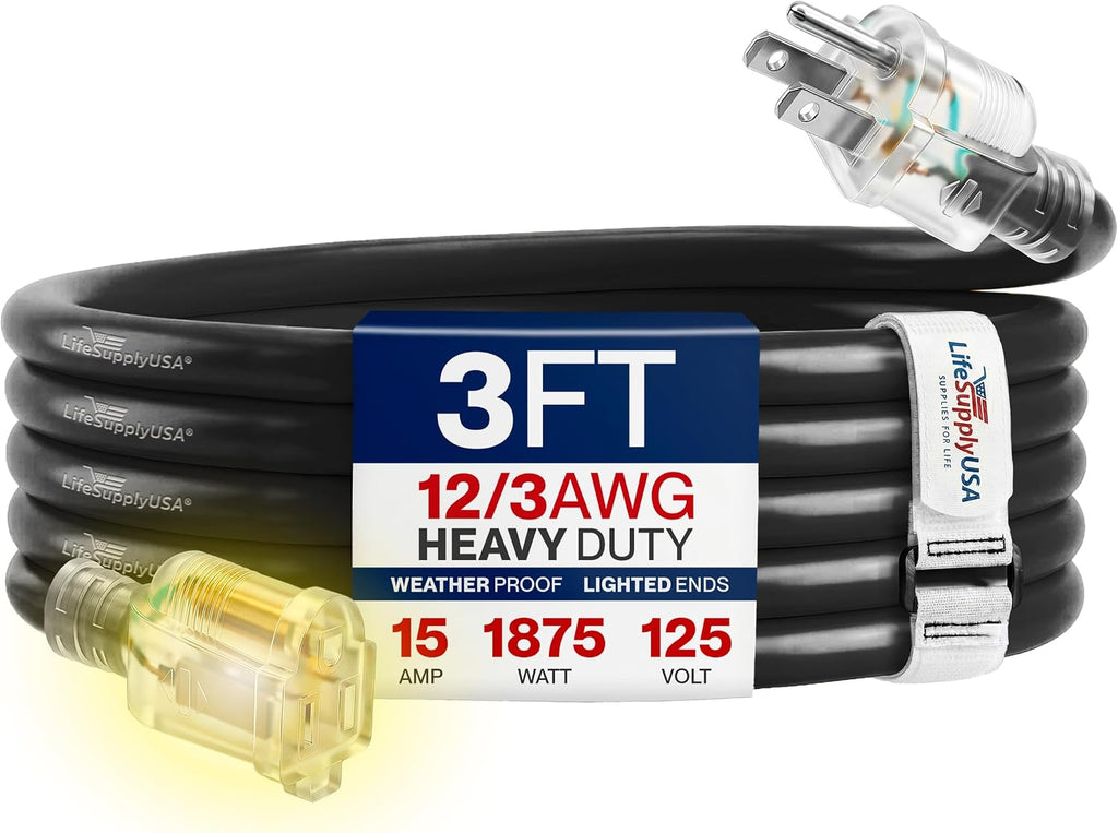 3Ft Outdoor/Indoor Extension Cord 12/3 Gauge Extra Heavy Duty 3 Prong SJTW, Waterproof, Flexible Cold-Resistant Long Power Cord,15A 125V 1875W, Black by