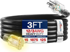3Ft Outdoor/Indoor Extension Cord 12/3 Gauge Extra Heavy Duty 3 Prong SJTW, Waterproof, Flexible Cold-Resistant Long Power Cord,15A 125V 1875W, Black by