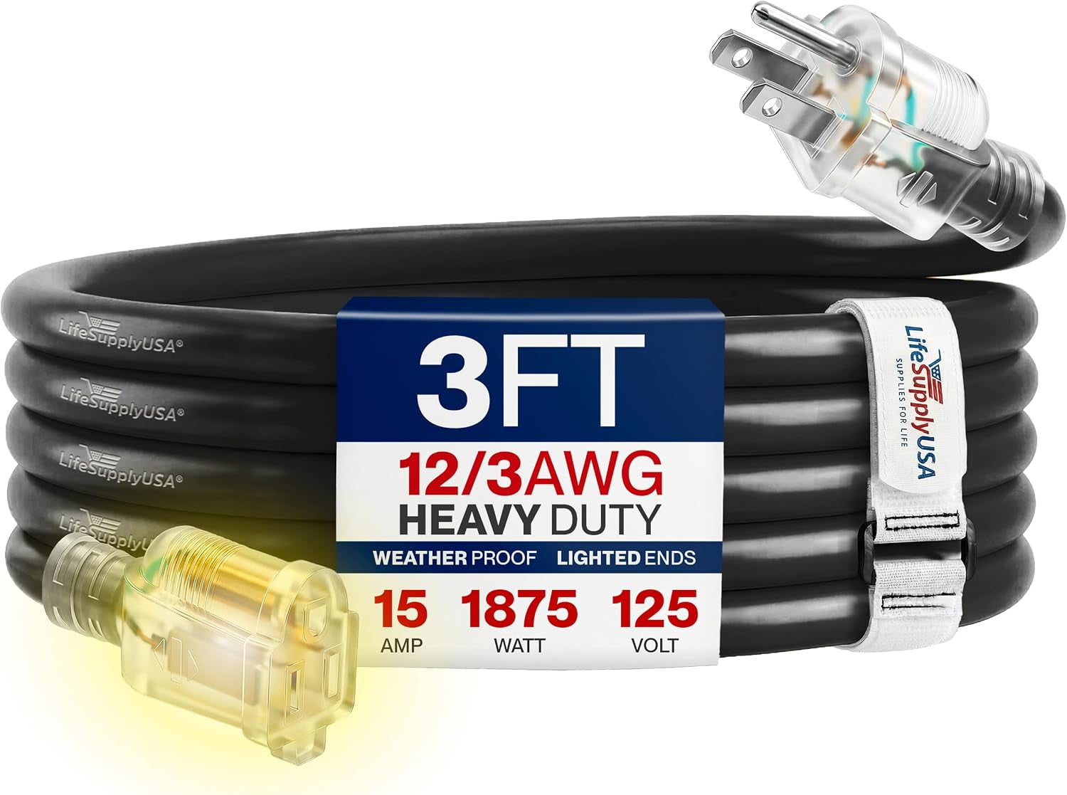 3Ft Outdoor/Indoor Extension Cord 12/3 Gauge Extra Heavy Duty 3 Prong SJTW, Waterproof, Flexible Cold-Resistant Long Power Cord,15A 125V 1875W, Black by