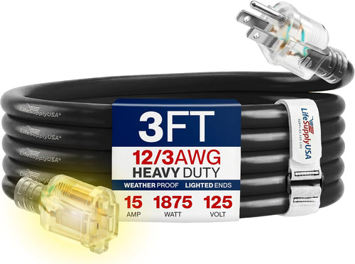 3Ft Outdoor/Indoor Extension Cord 12/3 Gauge Extra Heavy Duty 3 Prong SJTW, Waterproof, Flexible Cold-Resistant Long Power Cord,15A 125V 1875W, Black by