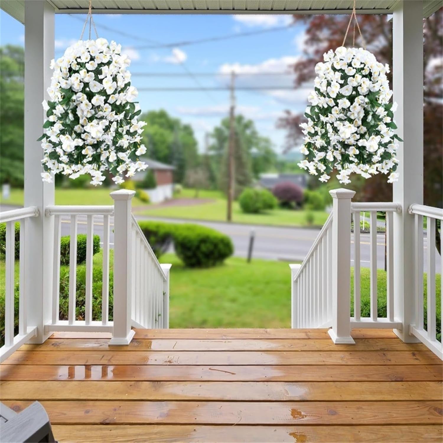 4Pack Realistic Glory Artificial Hanging Flowers, Durable Silk Fake Flowers, Artificial Petunias for Patiofor Wall Front Door Yard Garden Wedding Outdoor Decoration (White)