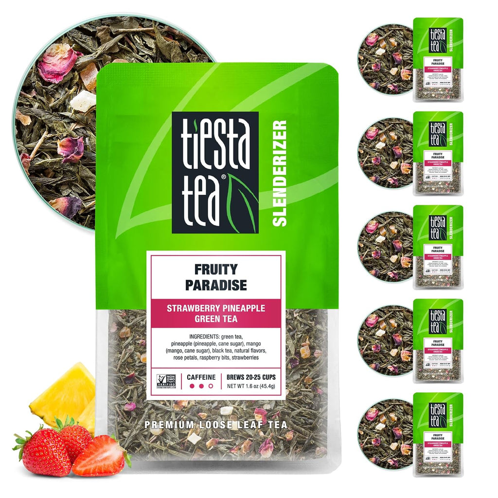 - Fruity Paradise, Strawberry Pineapple Green Tea | Premium Loose Leaf Blend, Tropical Fruit Flavor, Medium Caffeinated, Hot or Iced, 20-25 Cups, 9.6Oz Resealable Pouch