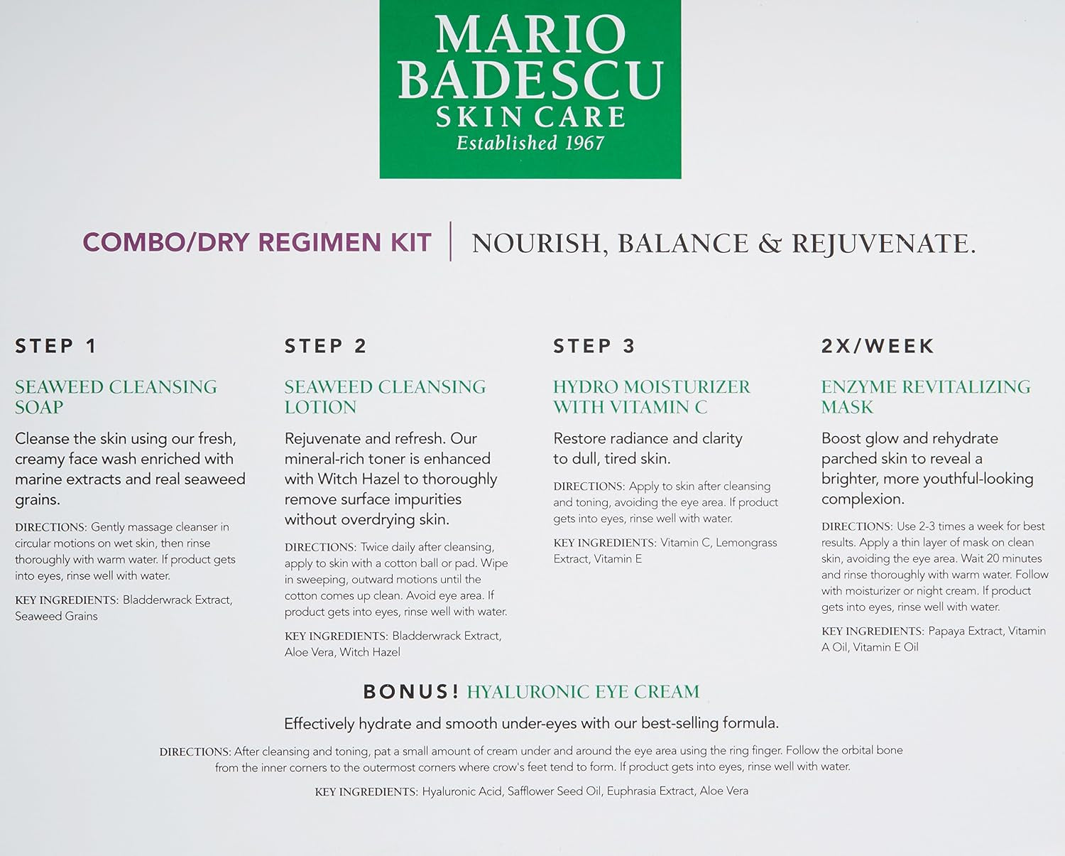 Mario Badescu Combo/Dry Regimen 5 Piece Kit, Skincare Gift Set Includes Seaweed Cleansing Soap, Seaweed Cleansing Lotion, Hydro Moisturizer, Enzyme Revitalizing Mask, and Hyaluronic Eye Cream