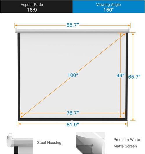 100 Inch Projector Screen Pull Down, 16:9 HD Retractable Rising Projector Screen with Auto-Locking, Manual Movie Projector Screen for Indoor Outdoor Home Theater Office Movies - PSMS1