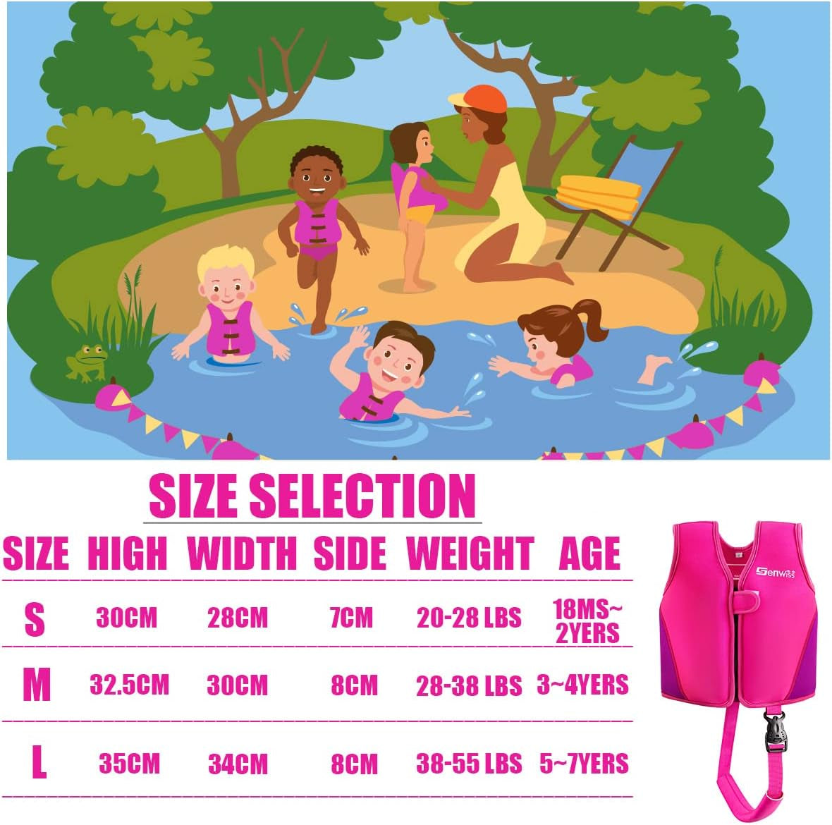 Baby Swim Vest for Toddlers 18 Months to 7 Years - Neoprene Swim Float Vest with Front Zipper, Swim Training Vest for Boys & Girls Learning to Swim in Pool, Blue Pink Small Medium Large