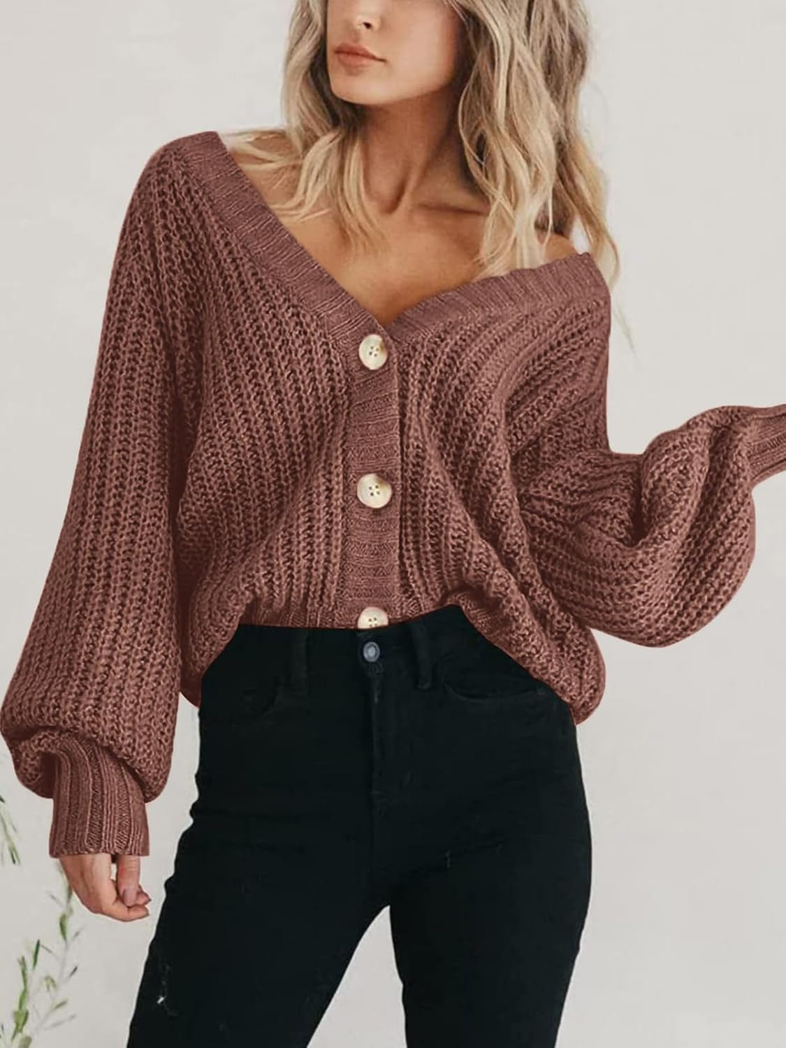 Women'S Chunky Knit Open Front Cardigan Sweaters Fall Outfits | V Neck Button Loose Short Cardigan Outerwear Coats, Slouchy Drop Shoulder Loose Cute Sweaters, Fall Clothes for Work & Office