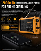 Emergency Radio with Hand Crank & Solar, NOAA Weather Band, AM/FM, 12000Mah | 8500Mm² Solar Panel, Clear AM/FM Reception, 5W Flashlight & Reading Light, 120Db SOS, Phone Charging for Hurricanes & Outages