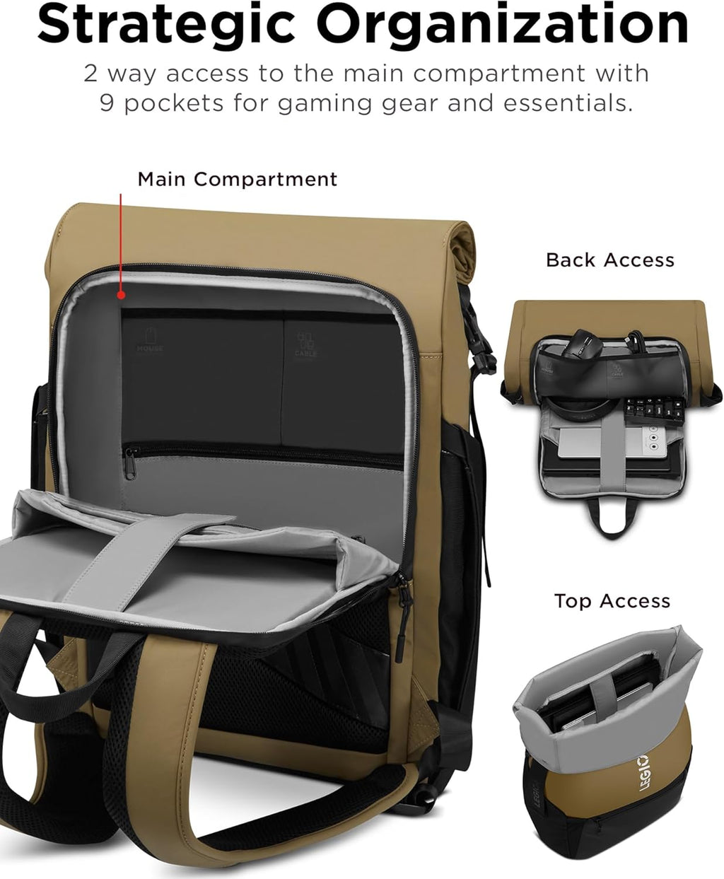 Legion Gaming Laptop Backpack GB500, Expandable Capacity up to 25L, Fits 16-Inch Laptops, Water Resistant