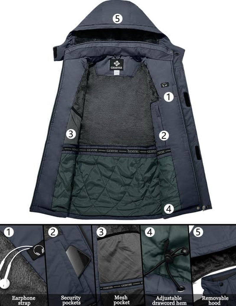 Men'S Winter Ski Jacket Waterproof Snow Coat with Detachable Hood | Windproof, Fleece-Lined, Insulated, Multiple Pockets, for Snowboarding and Cold, Rainy Weather