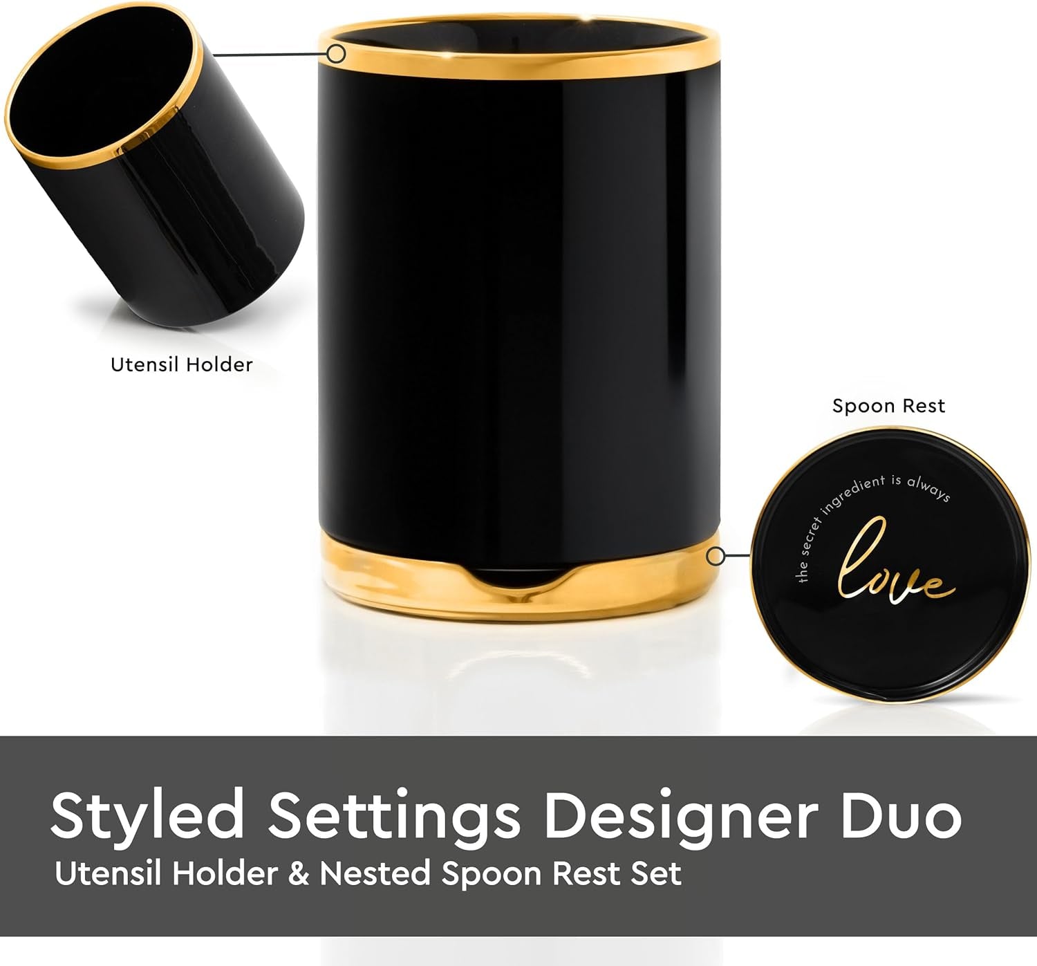 Black and Gold Utensil Holder with Built-In Spoon Rest | 2-Piece Black and Gold Spatula Holder, Kitchen Accessory, Utensils Not Included