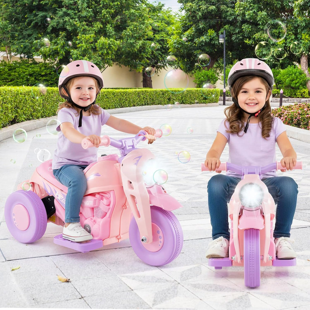 Kids Motorcycle, 6V Electric Ride on Car with Automatic Bubble Function, Foot Pedal, Headlight, Music, 3 Anti-Skip Wheels Vehicle for Children, Toddler Ages 3+ (Violet)