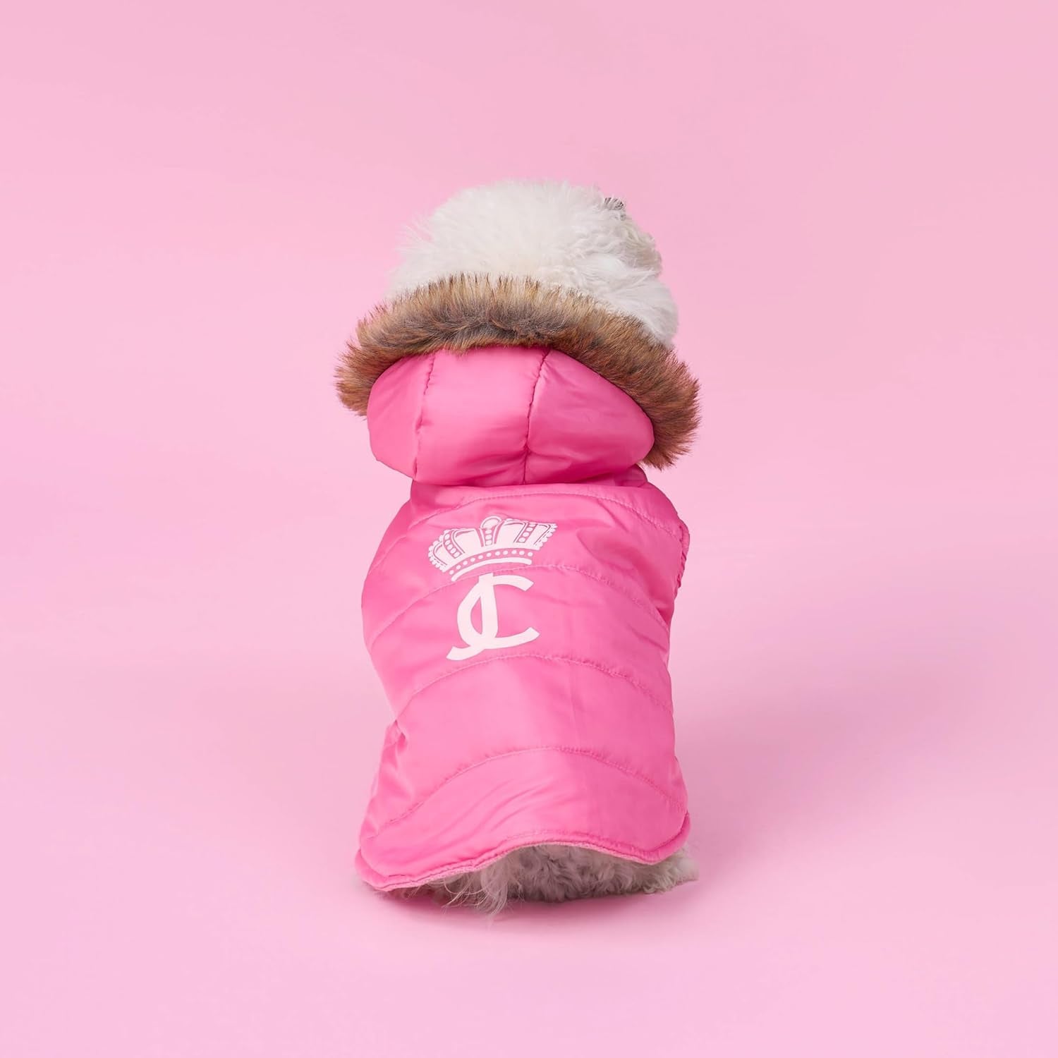 Juicy Couture Faux Fur Hooded Pet Jacket for Dogs and Cats - Hot Pink - Medium/Large