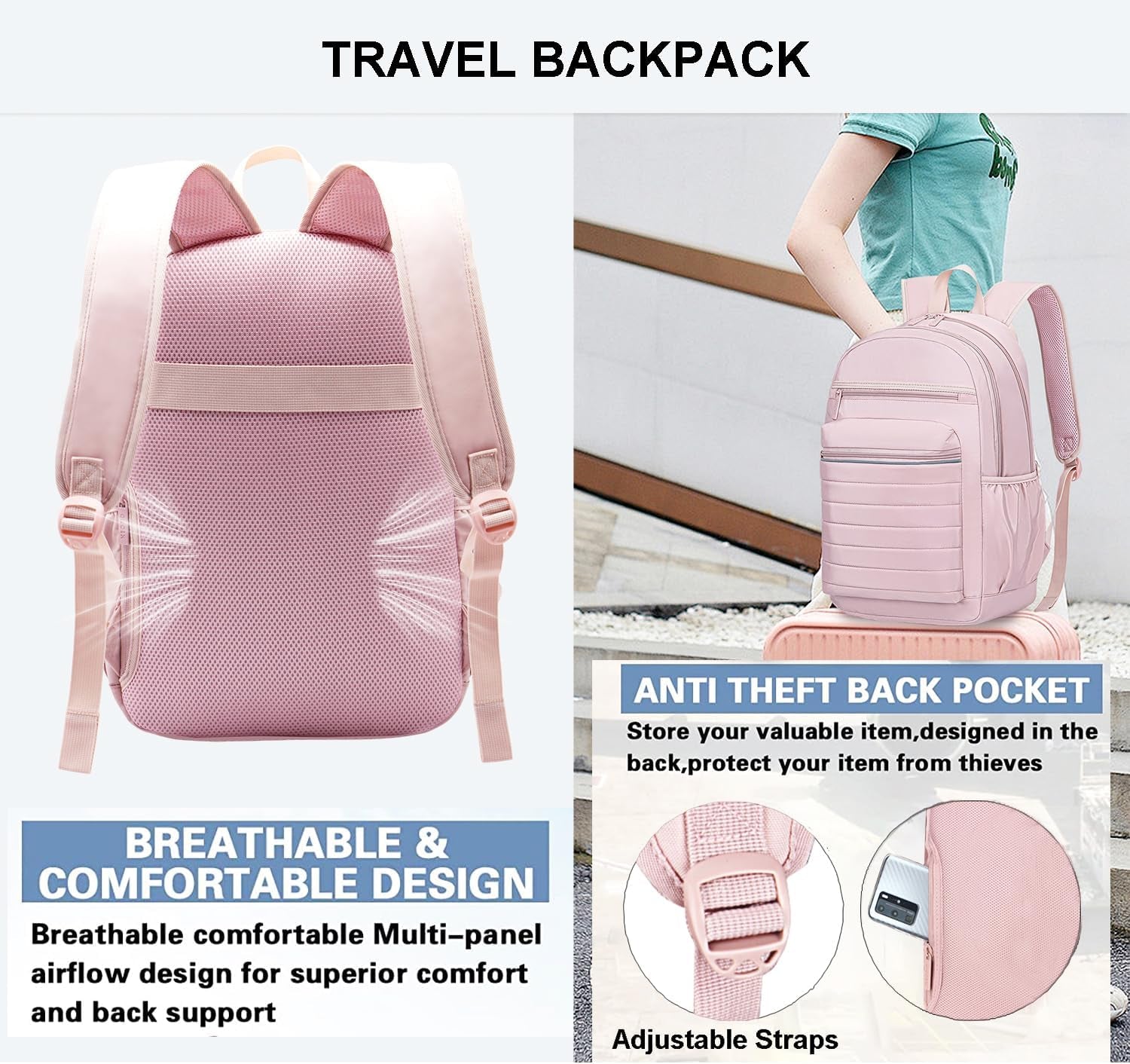 Travel Backpack for Women, Womens Work Backpacks, Backpack Purse, Back Pack for College Girls, Carry-On Travel Backpacks,Pink Bookbag (Light Pink)