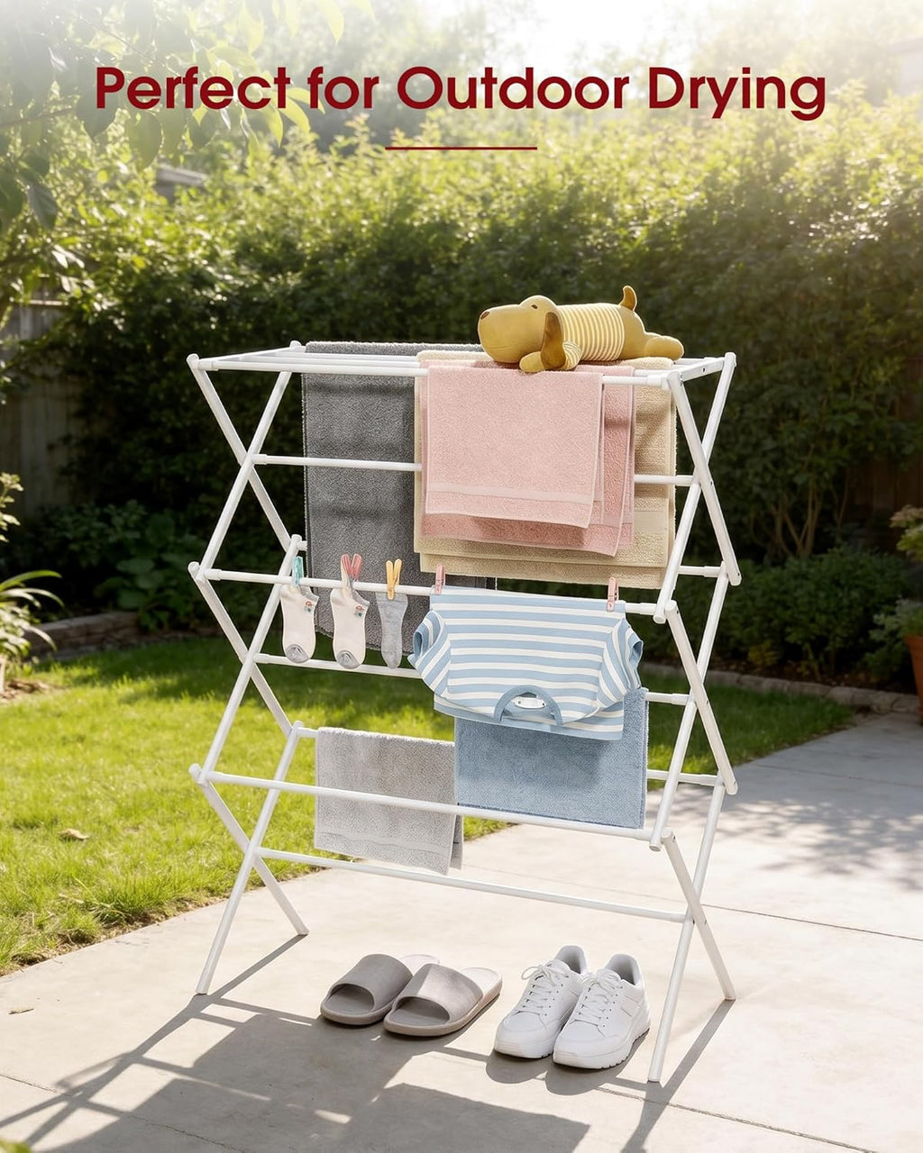 Foldable Clothes Drying Rack – Metal Laundry Drying Rack with Non-Slip Feet, 3-Tier Space-Saving Clothing Rack for Organization, Indoor & Outdoor Use, 11.4" D X 29.1" W X 37.4" H, White