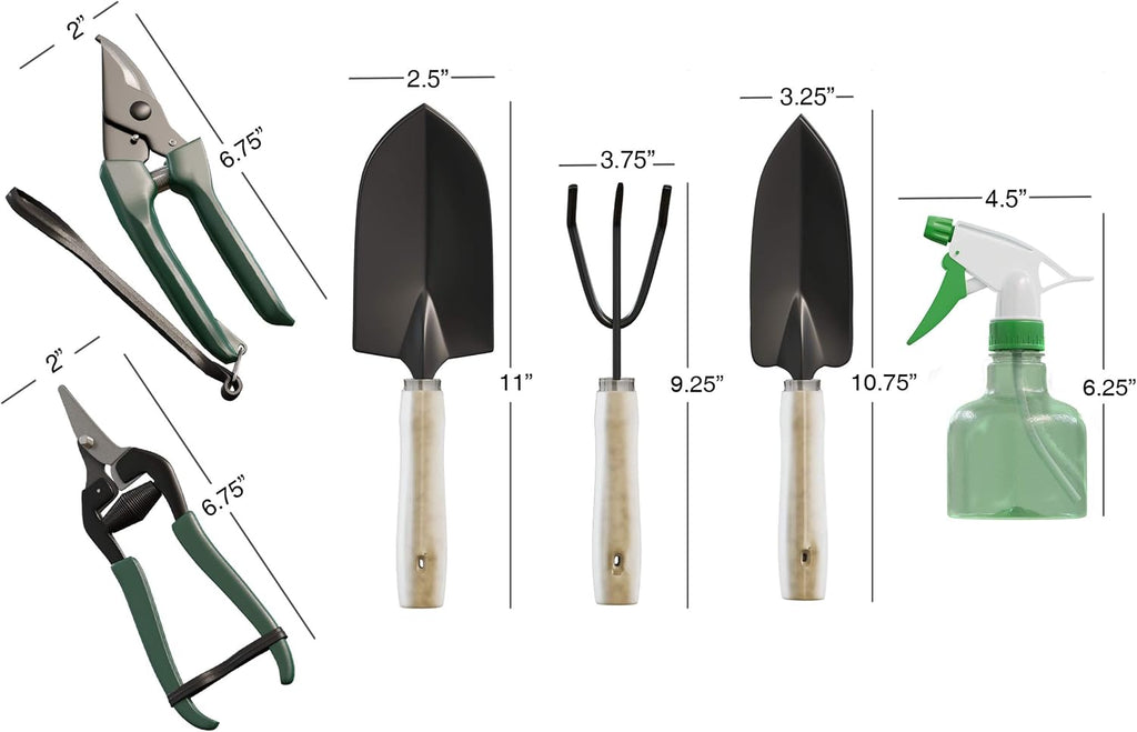 8-Piece Garden Hand Tool Set - Canvas Tote Gardening Tool Kit with Snip, Pruner, Rake, Trowel, Shovel, Spray Bottle, and Soft Wire Tie by
