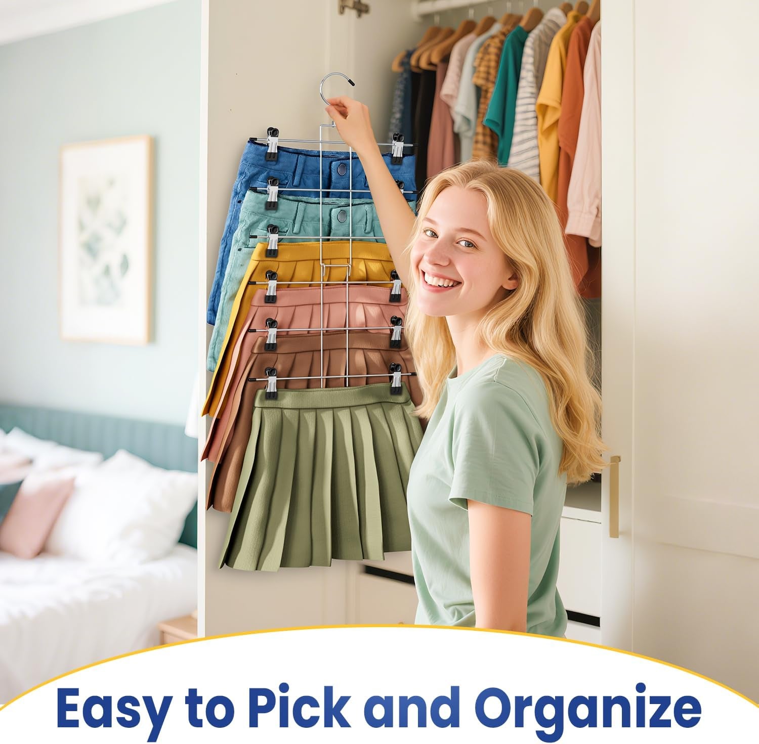 Skirt Pants Hangers with Clips Space Saving Hanging Closet Organizer 6 Tiers Hanger with 360° Swivel Hook, Finger-Safe Design- College Dorm Room Apartment Essentials 1-Pack