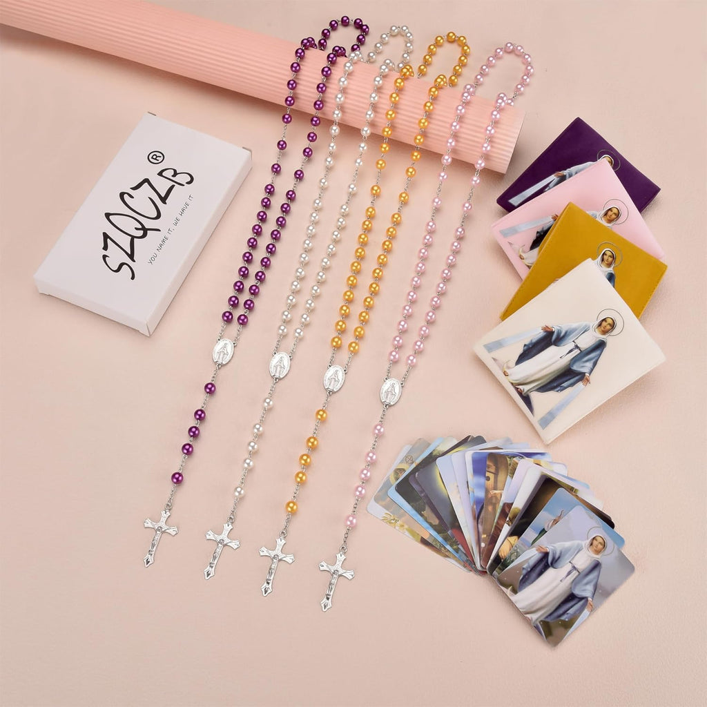 Rosary Beads Catholic for Women with Holy Mary Medal - Confirmation Gifts for Teenage Girl - Including Holy Mary Rosary Pouch and 18Pcs Saint Cards-White