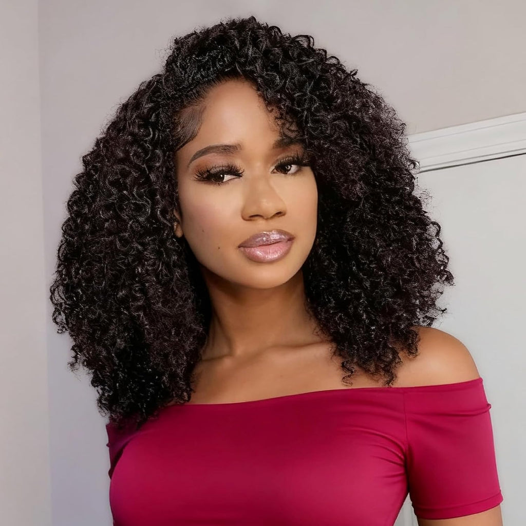 Kinky Curly Half Wigs Human Hair 180 Density 3 in 1 Seamless Flip over Half Wigs Afro Kinky Burmese Curly Deep Water Wave Glueless Wear and Go Wig Drawstring Headband Ponytail Wig for Women 14 Inch