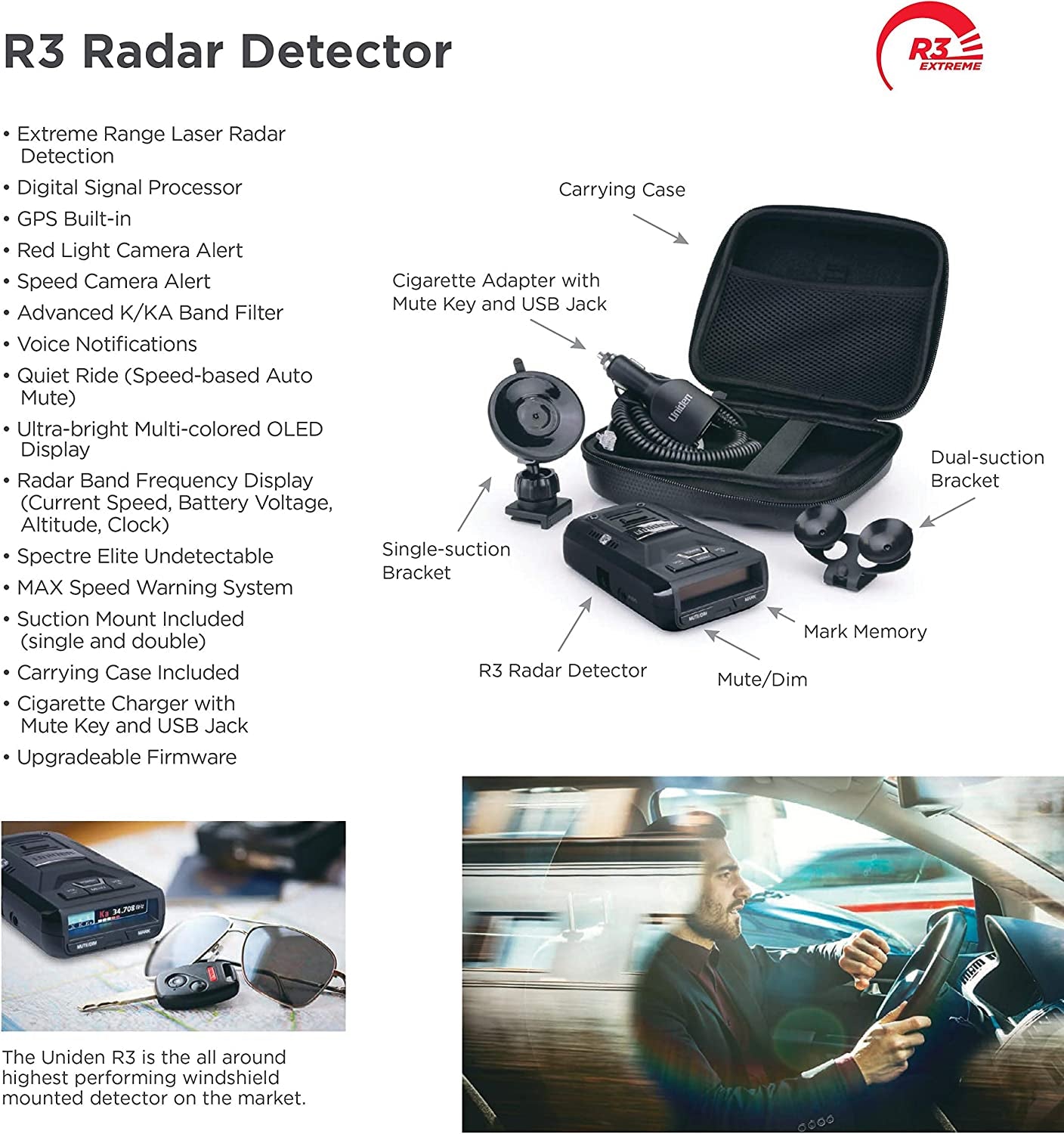 R3 EXTREME LONG RANGE Laser/Radar Detector, Record Shattering Performance, Built-In GPS W/ Mute Memory, Voice Alerts, Red Light & Speed Camera Alerts, Multi-Color OLED Display , Black