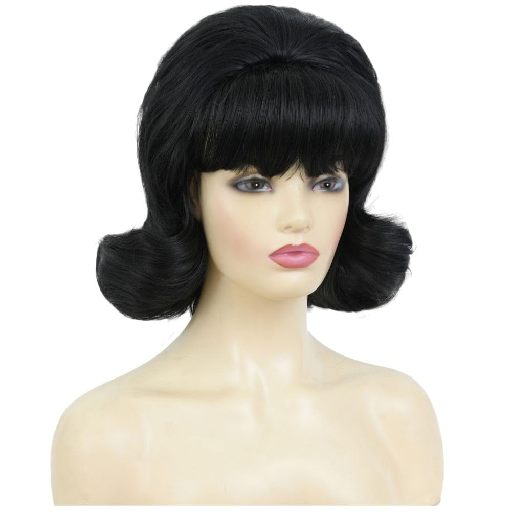 Black Vintage Curly Cosplay Wigs for Women Bouffant Beehive 50S 60S Retro Costume Hair Wig with Bangs for Halloween Party Use