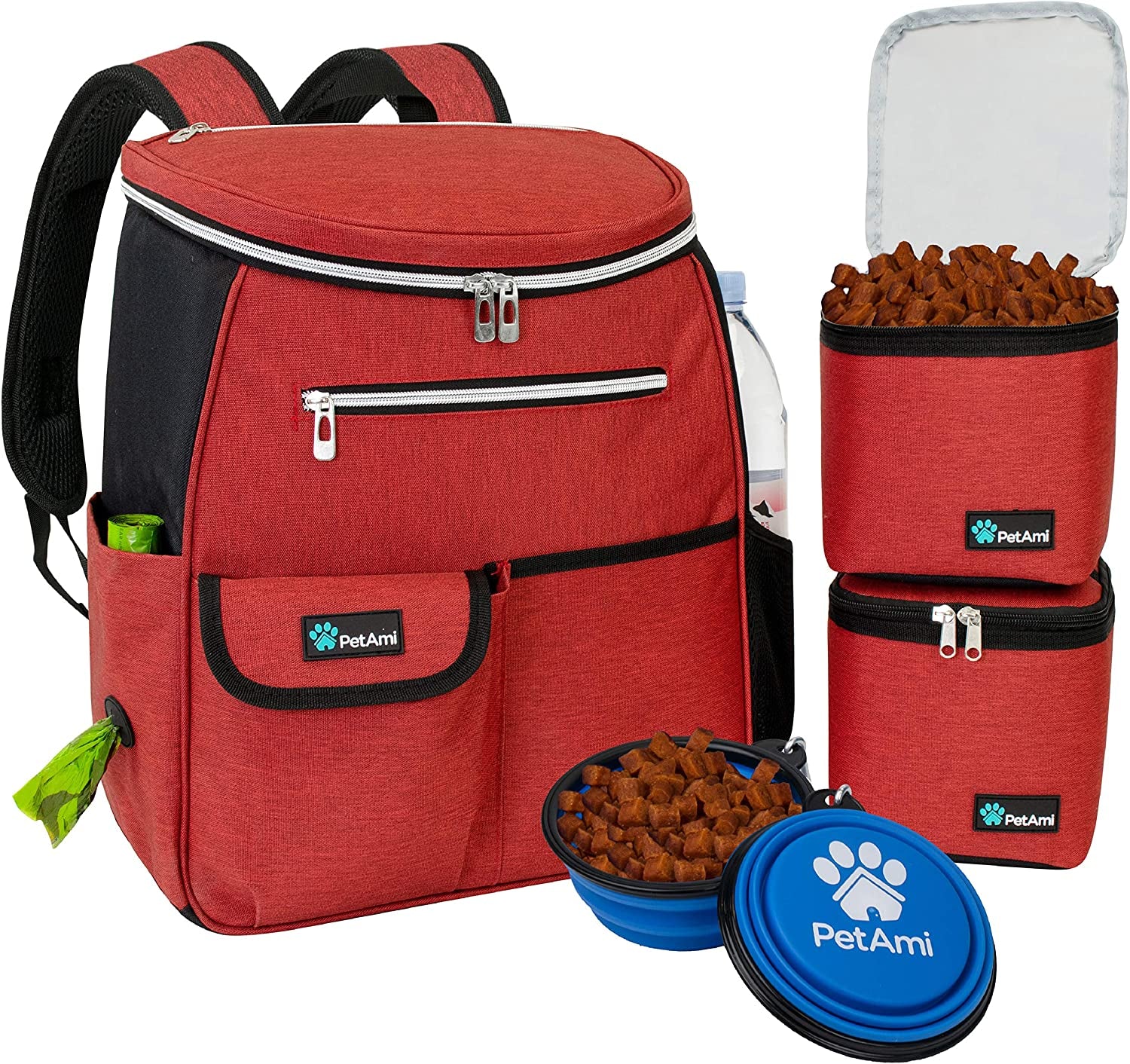 Dog Travel Backpack 27L Airline Approved Pet Supplies Bag, Red | Cat Traveling Suitcase Organizer for Weekend Road Trip Camping; 2 Food Containers, 2 Collapsible Bowls & Poop Bag Dispenser