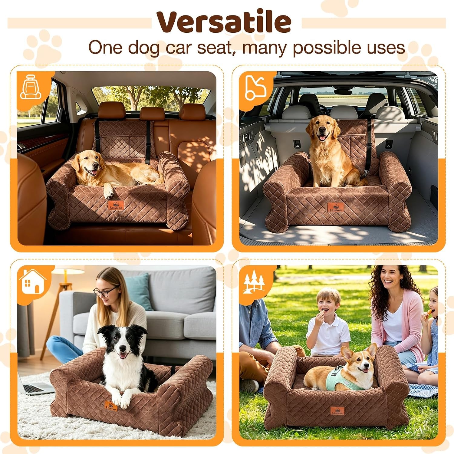 Dog Car Seat for Medium/Large Dogs up to 60LBS Memory Foam Dog Booster Seat | with Thick Cushion, Pet Car Seat for Back with Detachable Washable Cover, Storage Pockets for SUV, Pick Up, Trunk, Brown