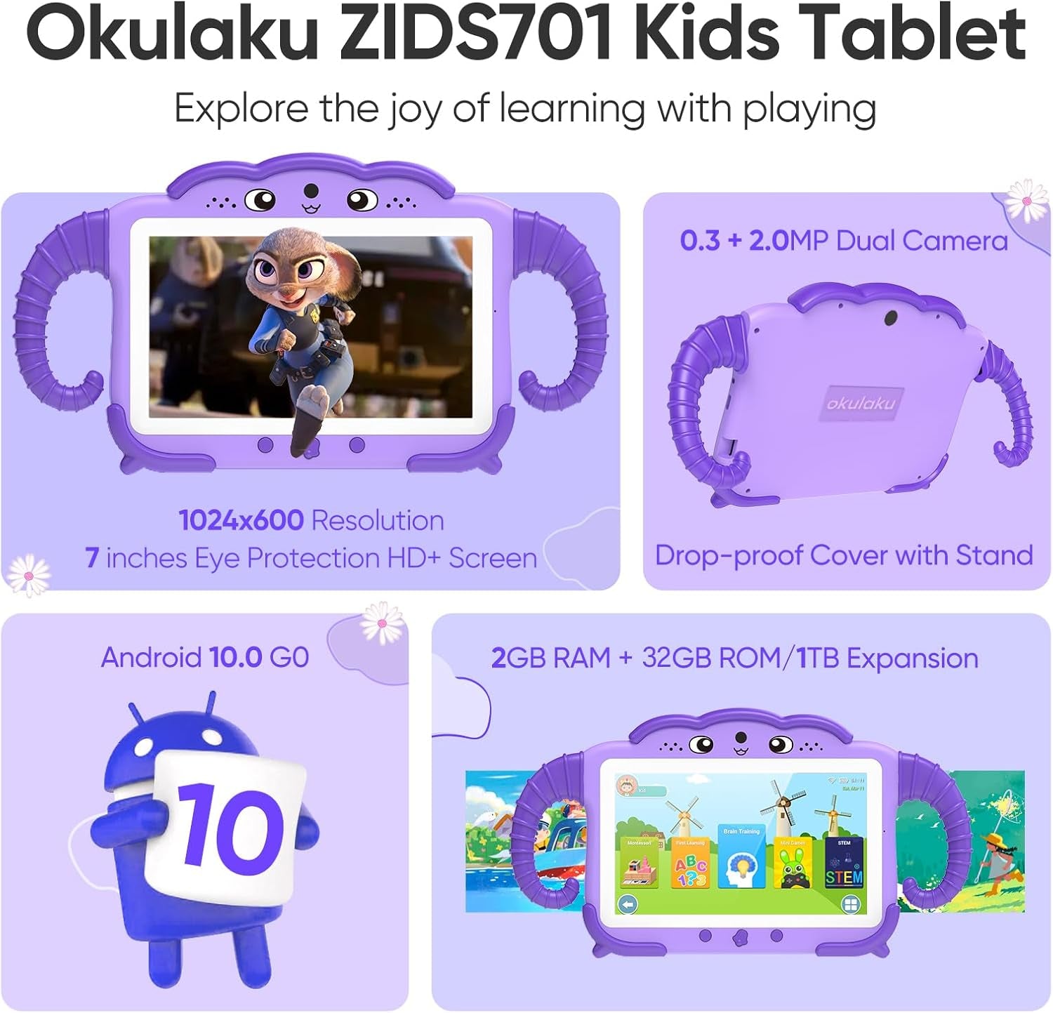 Kids Tablet 7 Inch Tablet for Kids 32GB Toddler Tablet with Case Software Installed Kids Learning Tablet with Wifi for Boys Girls Android Tablet with Dual Camera Parental Control Youtube Netflix