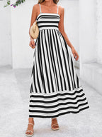 Womens Boho Floral Striped Summer Maxi Dresses Spaghetti Strap | Summer 2026 Wedding Guest Beach Vacation Flowy Long Dress, Casual Square Neck Tiered Dress, Empire Waist a Line Dress Pockets