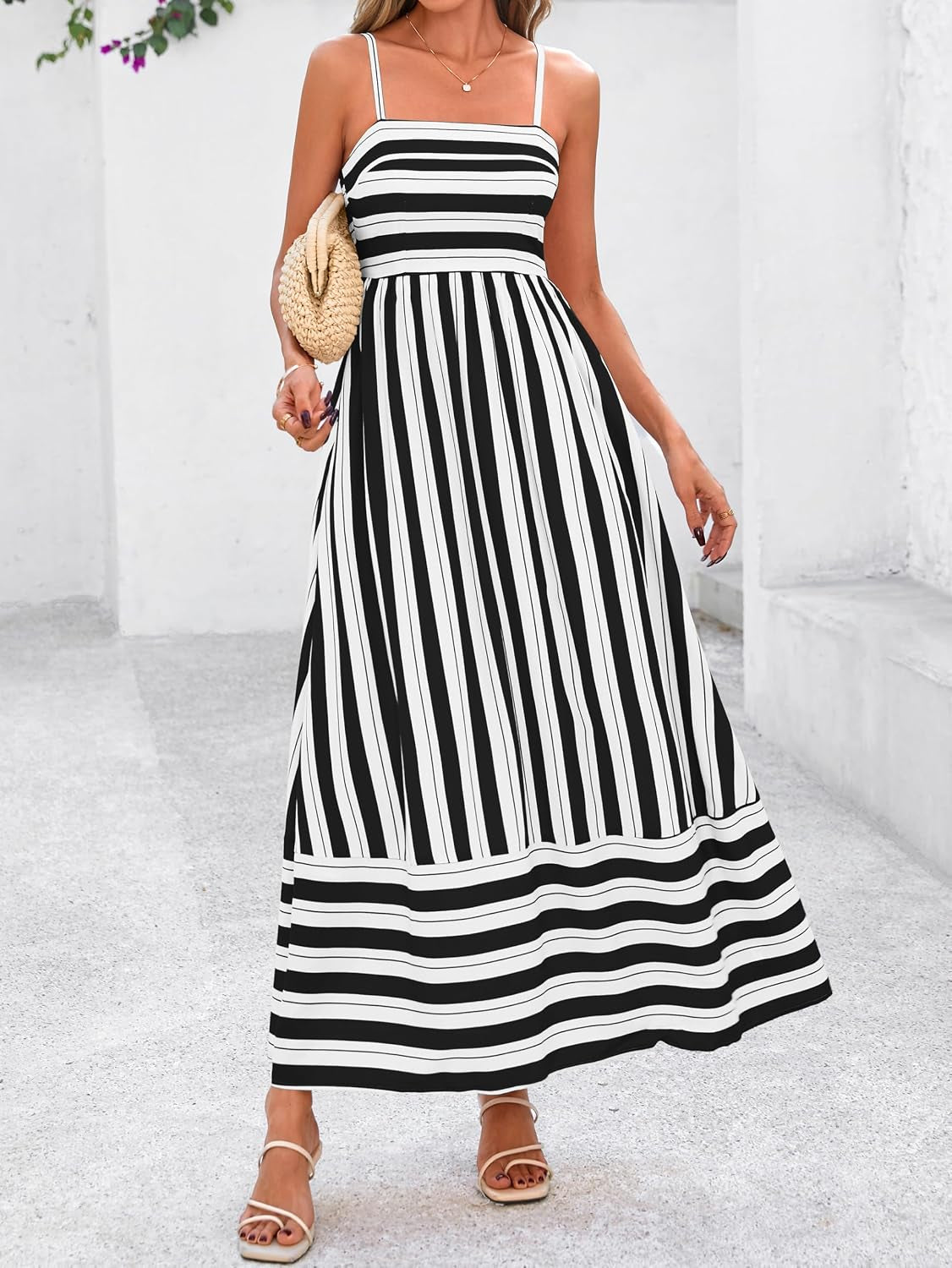 Womens Boho Floral Striped Summer Maxi Dresses Spaghetti Strap | Summer 2026 Wedding Guest Beach Vacation Flowy Long Dress, Casual Square Neck Tiered Dress, Empire Waist a Line Dress Pockets