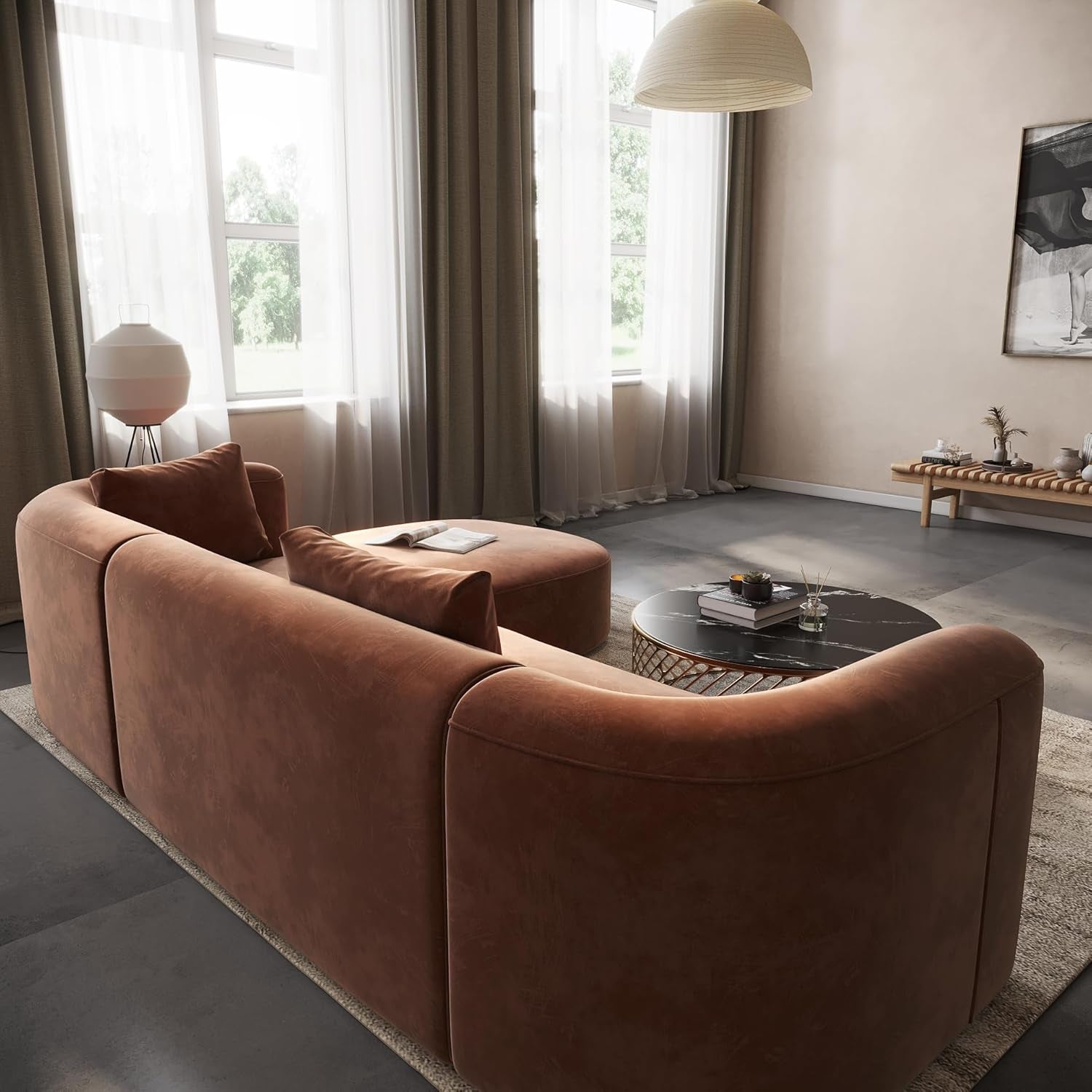 Luxury Modern Tight Curved Back Velvet Sofa, Minimalist Style Comfy Couch for Living Room Apartment, L-Shape Right Chaise, Tangerine