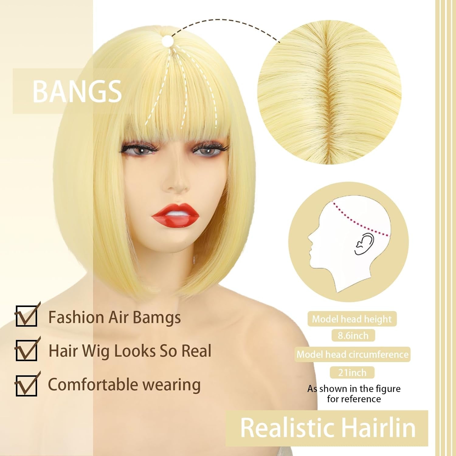 Blonde Bob Wig with Bangs，Straight Bob Wig Short Blonde Wigs for Women, Short Light Blond Synthetic Heat Resistant Colorful Wig for Cosplay Party Use