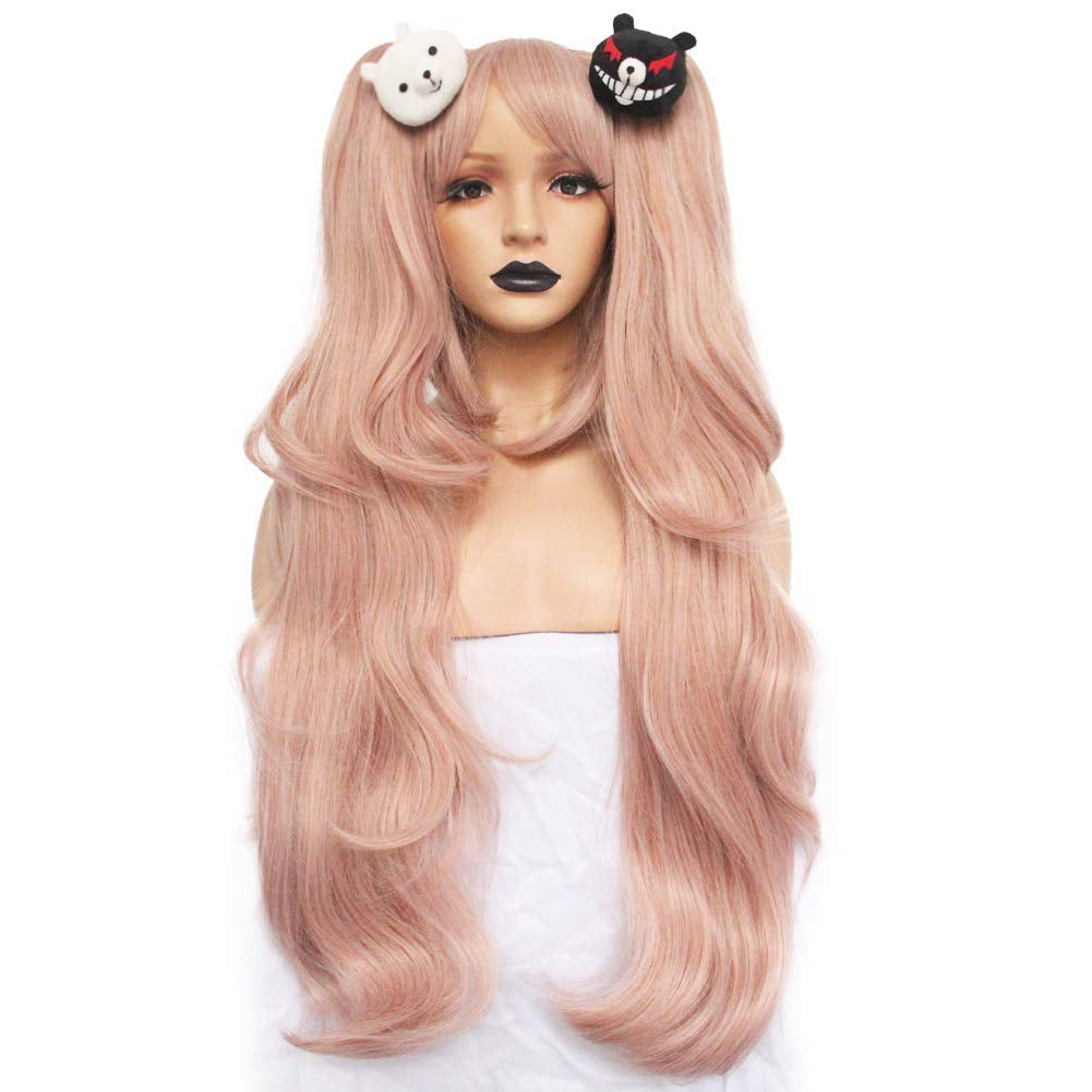 Long Pink Pigtail Wig Women Wavy Ponytail Wigs Long Wavy Cosplay Wig | Hair Cap+2 Bears Clip-On Detachable Pigtail Cosplay Wig Pink Curly Ponytail Hair Anime Costume for Halloween Party Cosplay