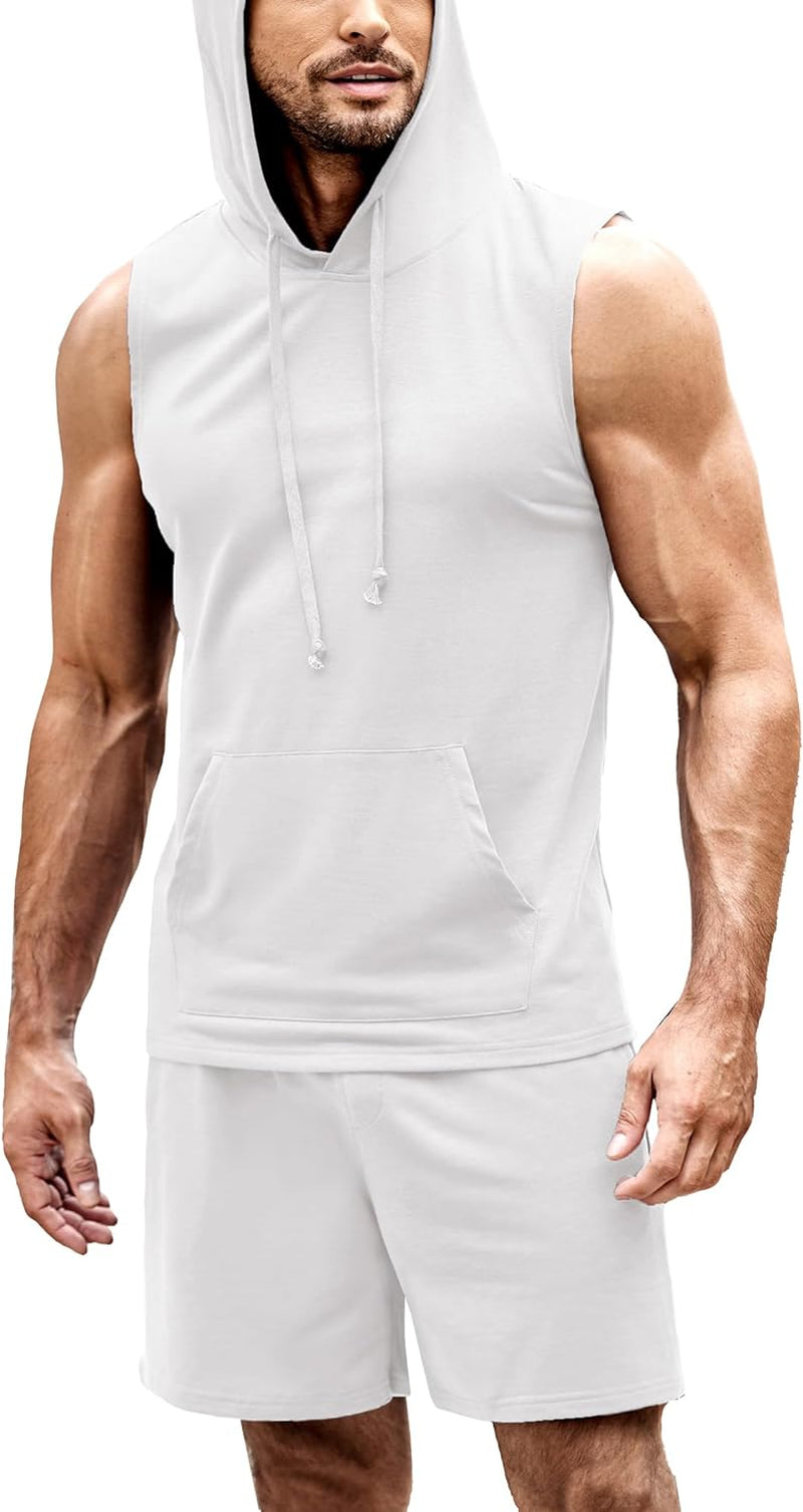 Men'S Workout Hooded Tank Tops Sleeveless Gym Shirt Sweat Shorts Hoodie Set 2 Piece Outfits Jogging Suits