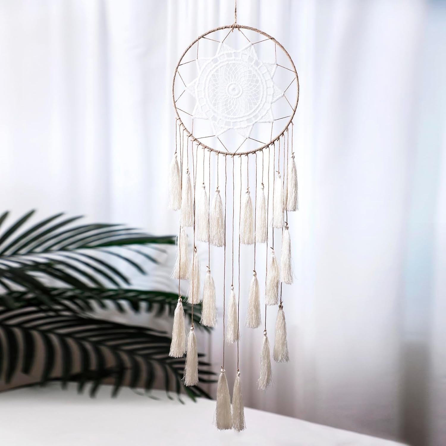 Macrame Dream Catcher Wall Hanging, Beige Large Boho Bedroom Decor | Handmade Tassel Feather Ornament, Natural Cotton, Modern Chic Living Room Nursery Art Decor, Blessing Gift for Women Girls