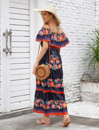 Women Mexican Dress off Shoulder Floral Long Maxi Dress Summer Beach Party Cinco De Mayo Dresses with Belt