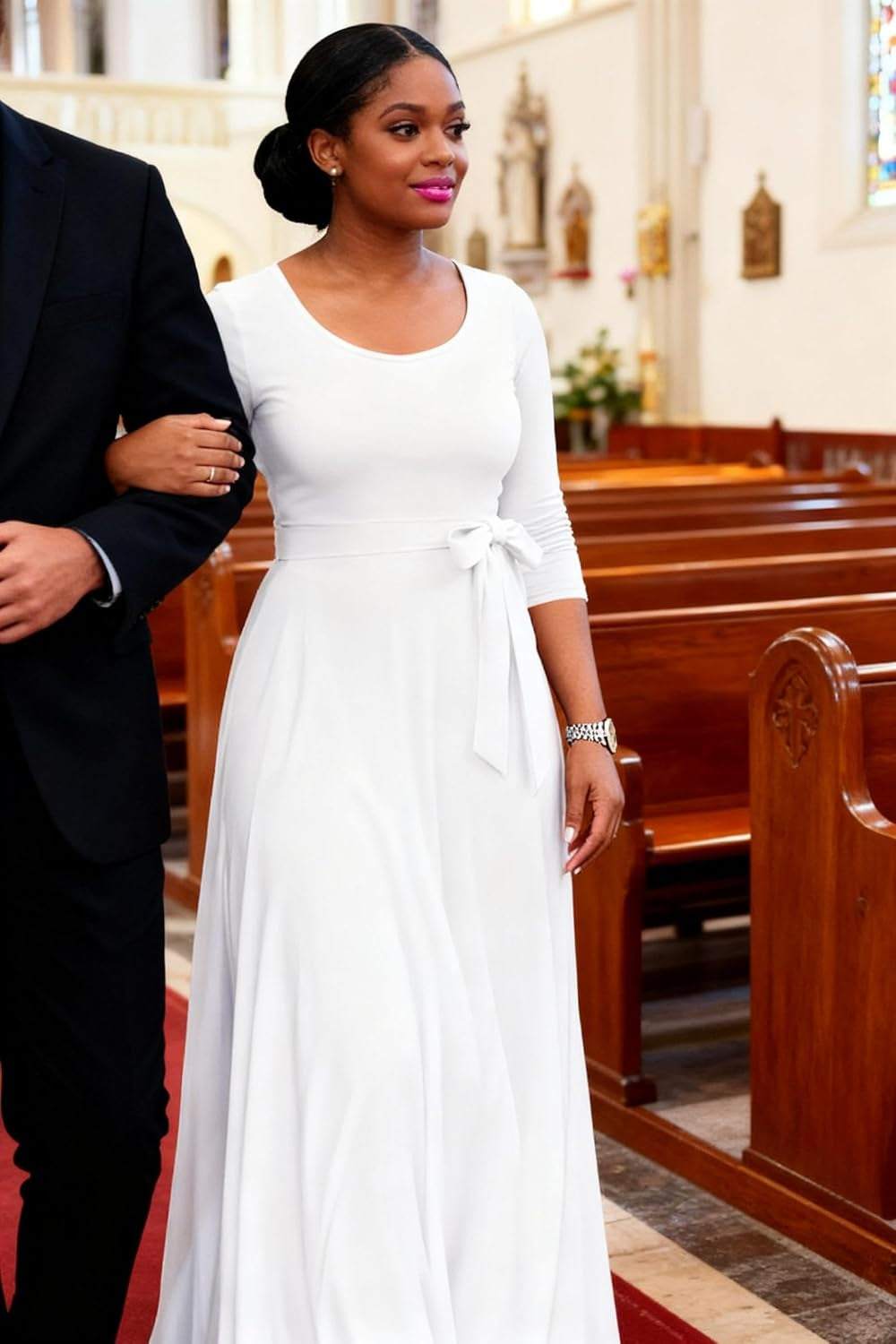 Maxi Long Dress Women, Church a Line Casual Empire Waist Dresses | Tea Party Date Funeral Work Dress, Flowy 3/4 Sleeve round Neck with Pockets, M-3Xl, Breathable Fabric