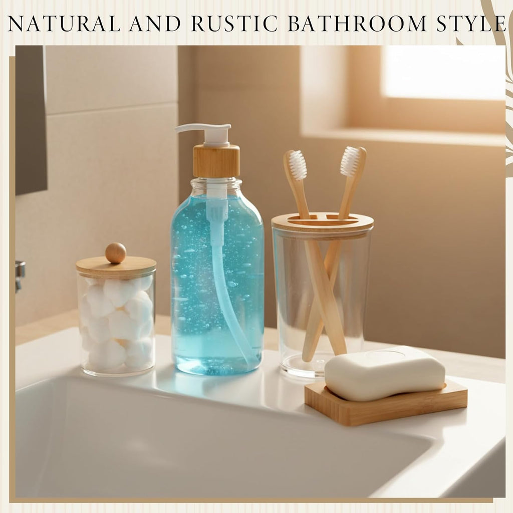 9-Piece Handwoven Wicker Bathroom Set, 15L / 4 Gallon Natural Water Hyacinth Trash Can, Tissue Holder, Soap Dispenser, Toothbrush Cup, Vanity Tray & Storage Jars